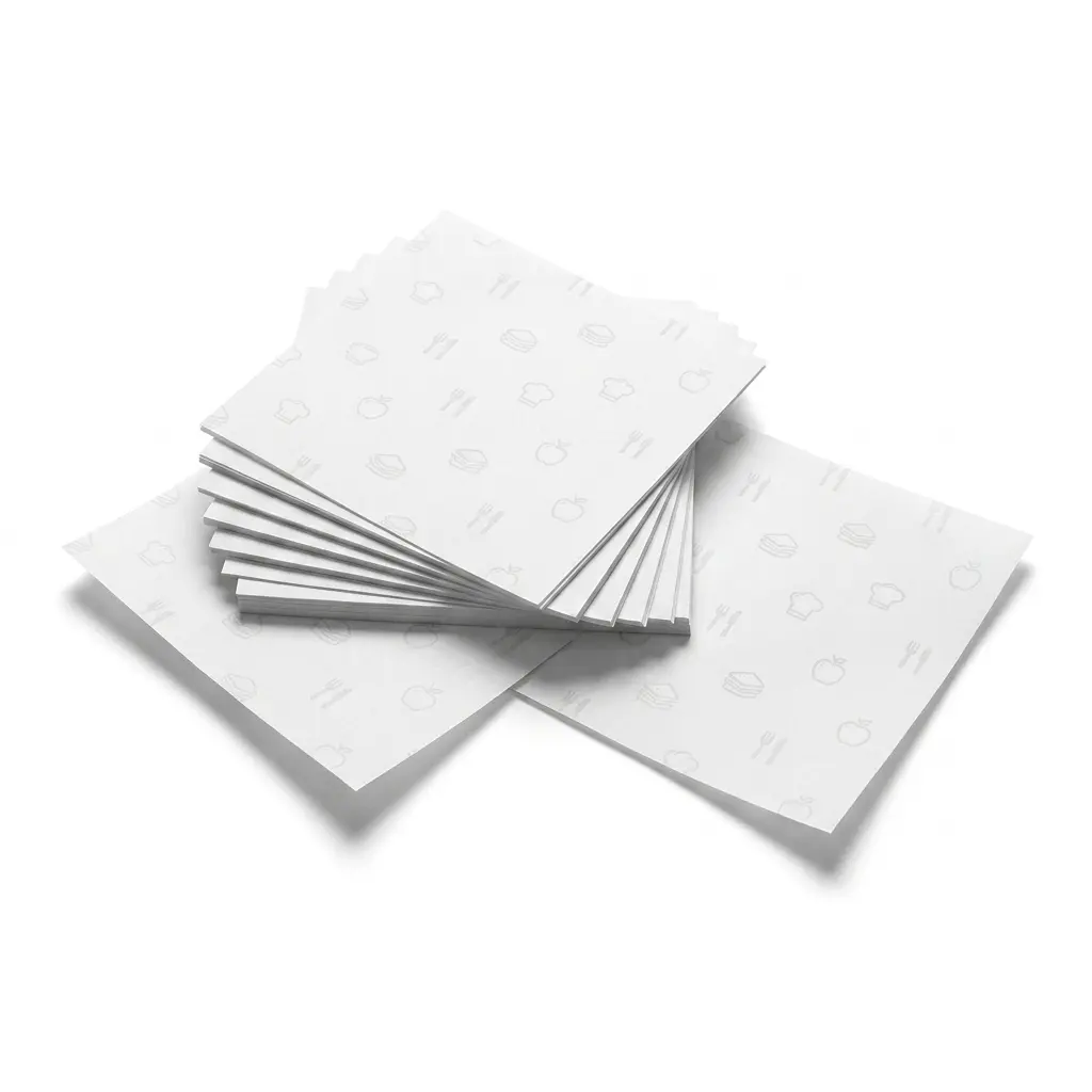 A stack of custom printed White Deli Paper Sheets with a light pattern design