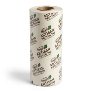 A vertical roll of Custom Deli Paper Rolls Printed with Logo on a white background