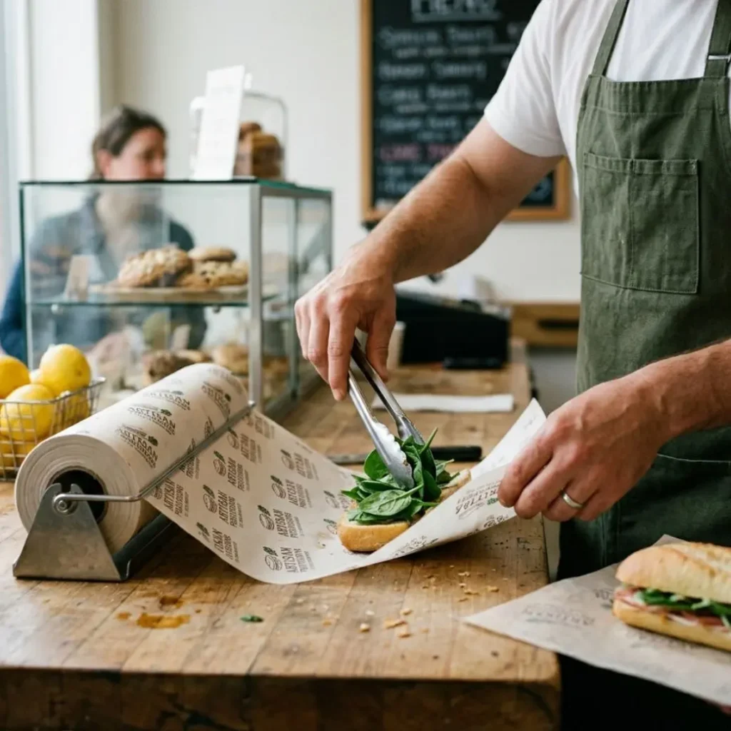 Custom Deli Paper Rolls Printed with Logo pulling from a dispenser to wrap fresh sandwiches