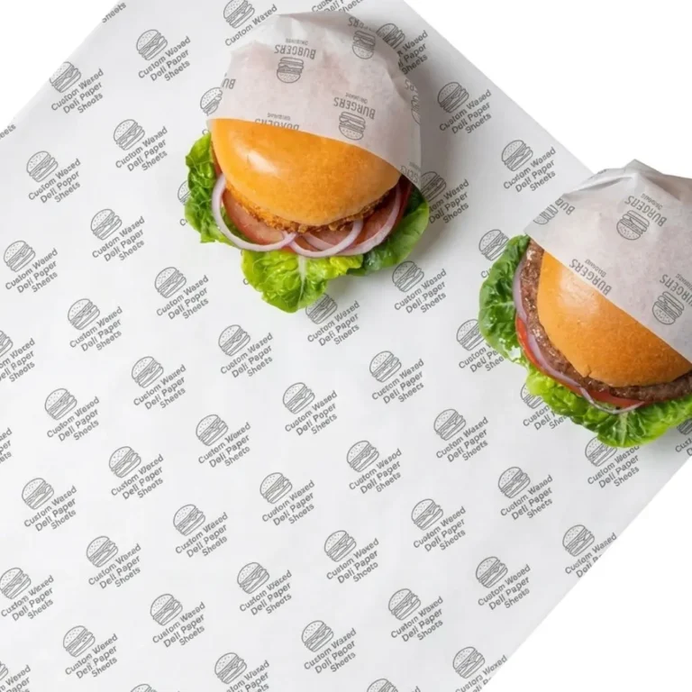 Custom Waxed Deli Paper Sheets with a printed burger logo pattern wrapping fresh burgers