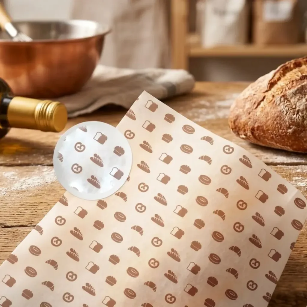 Custom Waxed Deli Paper Sheets with a repeating bakery design pattern on a wooden counter