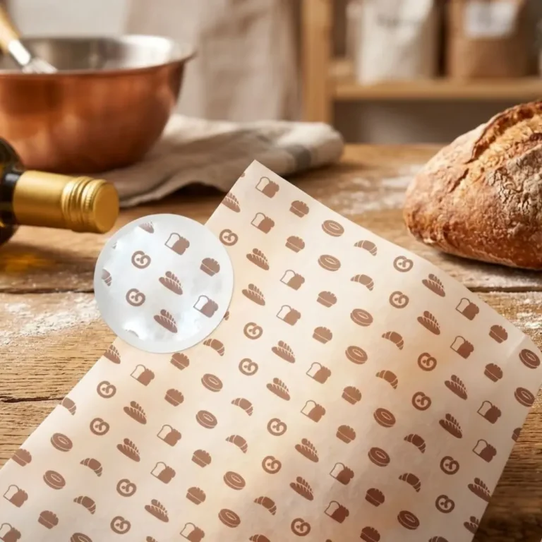 Custom Waxed Deli Paper Sheets with a repeating bakery design pattern on a wooden counter