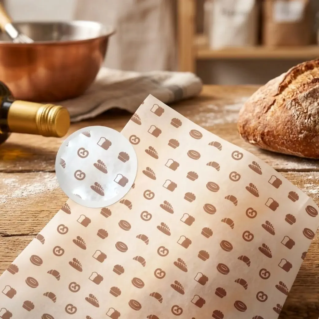 Custom Waxed Deli Paper Sheets with a repeating bakery design pattern on a wooden counter