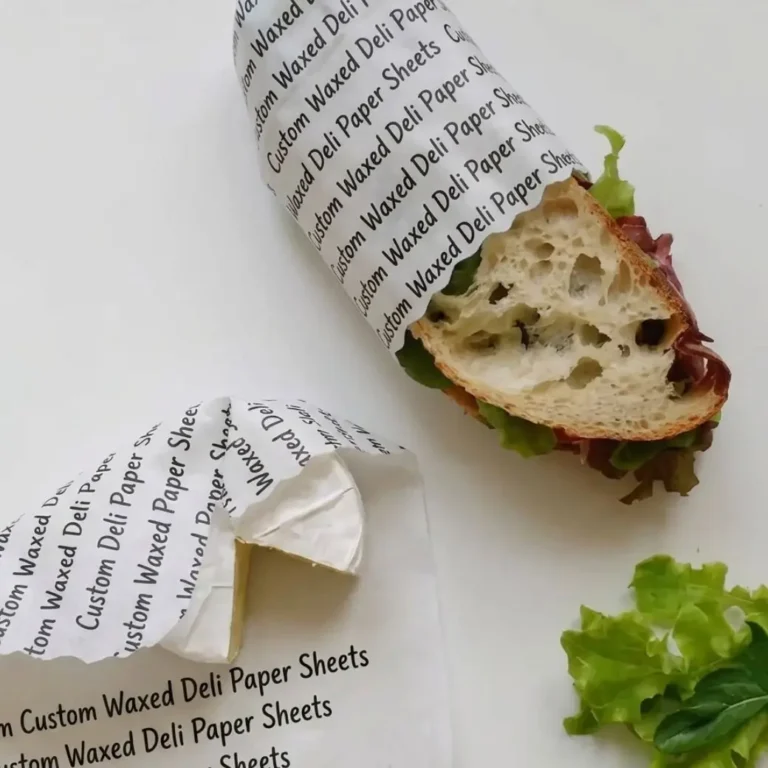 Custom Waxed Deli Paper Sheets with text print used to wrap a baguette sandwich and cheese