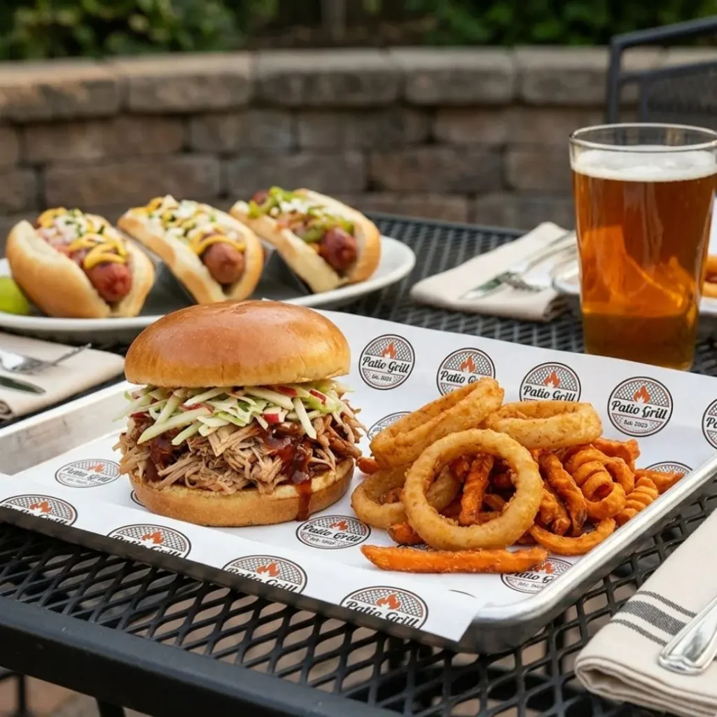 Custom printed White Deli Paper Sheets used as a tray liner for a burger and fries