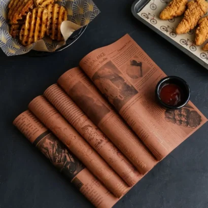Folded, brown custom greaseproof paper sheets with a vintage newspaper print