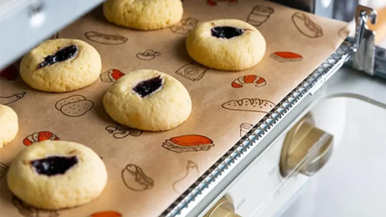 Thumbprint cookies baking in an oven on a sheet of custom printed eco-friendly food paper