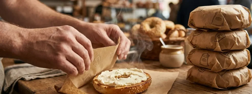 Bagel shop wrapping a warm toasted bagel in breathable greaseproof paper that keeps the crust crisp and holds warmth for customers