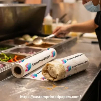 Roll of custom printed burrito wrapping paper beside a wrapped burrito on a prep line