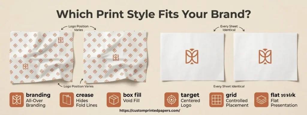 Infographic comparing scatter print tissue sheets with varying logo positions and spot print sheets with identical centered logos