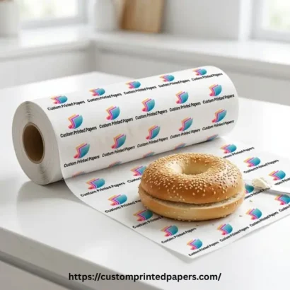 Dispenser roll of grease-resistant bagel paper printed with a brand logo for continuous wrap