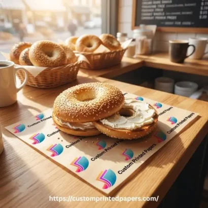 Pre-cut grease-resistant bagel paper sheets printed with a logo wrapping a sliced bagel