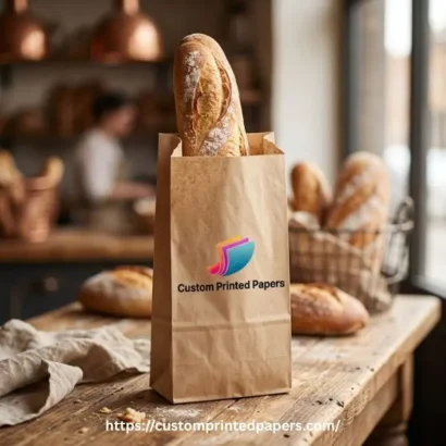 Long-format breathable bread bag printed with a bakery logo holding a fresh baguette