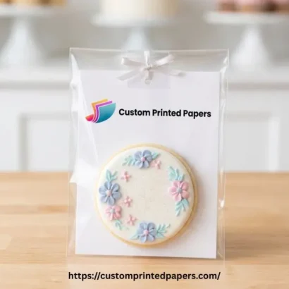 Printed cookie backer board with a brand logo supporting a wrapped cookie