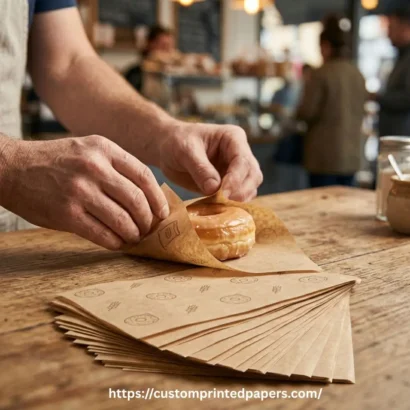 Pre-cut custom donut wrapping sheet folding around a single glazed donut at a bakery counter for grab-and-go service