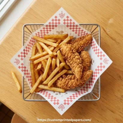 Custom fry basket liner with printed pattern soaking grease drip under fries and tenders while keeping the wire basket clean