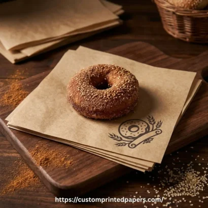 Custom kraft donut paper with bold dark logo print under a cinnamon sugar donut for a natural artisan bakery presentation