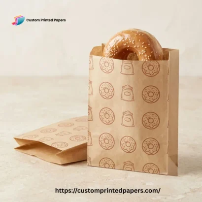 Custom printed donut bag with grease-resistant non-stick interior holding a glazed donut without the glaze touching the bag wall