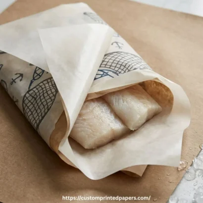 Custom waxed freezer paper with food-safe wax coating wrapping fresh fish fillets showing its satin sheen and printed outer side