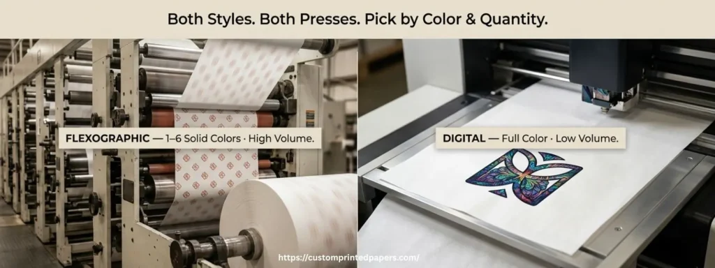 Flexographic press printing scatter pattern tissue paper next to digital press printing full-color spot print tissue
