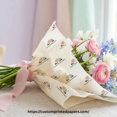 Soft floral tissue paper printed with a florist logo cradling a bouquet