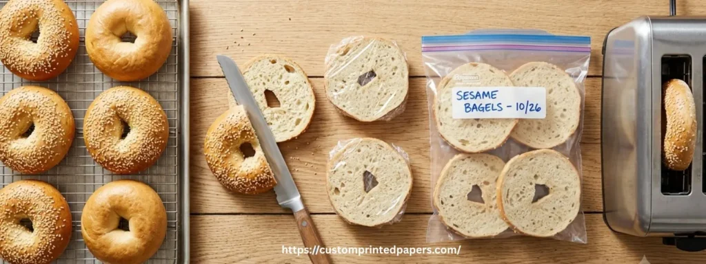 Step-by-step bagel freezing process with sliced bagel halves wrapped and sealed in an airtight freezer bag before toasting from frozen