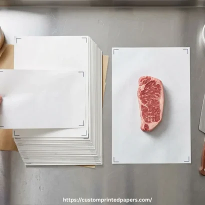 Pre-cut interleaved freezer paper sheets stacked on a prep counter with one sheet pulled out and a portioned steak ready to wrap