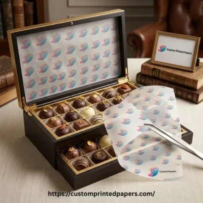 Food-grade glassine candy pads printed with a logo lining a chocolate gift box base