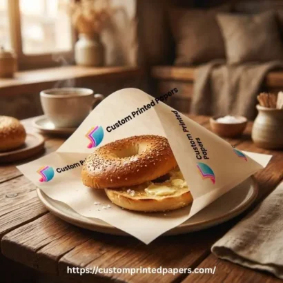 Greaseproof bagel paper printed with a logo wrapping a buttered bagel with no oil bleed