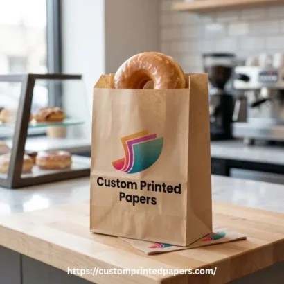 Greaseproof bakery bag printed with a logo holding a glazed donut without oil bleed