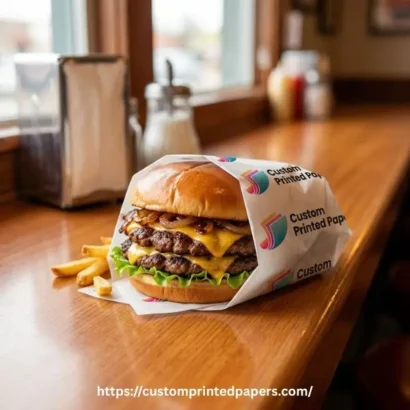 Greaseproof burger paper printed with a logo wrapping a smash burger with no grease bleed