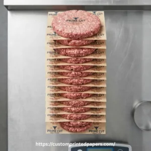 Thick heavy-duty patty paper printed with a logo separating large stacked raw patties