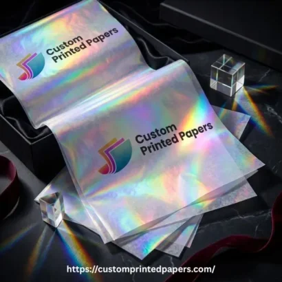 Holographic custom tissue paper with an iridescent rainbow finish printed with a brand logo