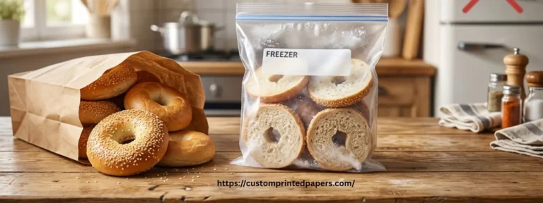 Fresh bagels stored in a brown paper bag next to sliced bagels in an airtight freezer bag showing the best ways to keep bagels fresh