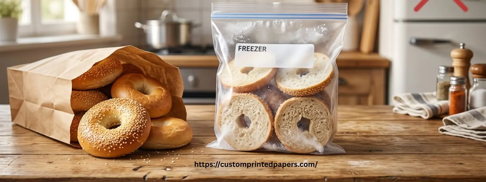 Fresh bagels stored in a brown paper bag next to sliced bagels in an airtight freezer bag showing the best ways to keep bagels fresh