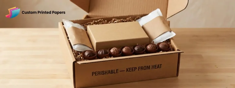 Complete chocolate shipping setup with insulated corrugated box, kraft-wrapped gel packs, void fill, and truffles in paper cups with a perishable label
