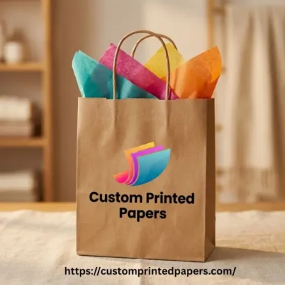 Branded kraft gift bag with handles and tissue peeking out for retail gifting