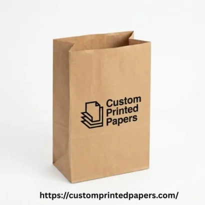 Flat-bottom brown kraft SOS bag printed with a logo, standing open