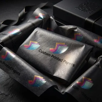 Metallic-ink custom tissue paper with a reflective finish, premium gift packaging