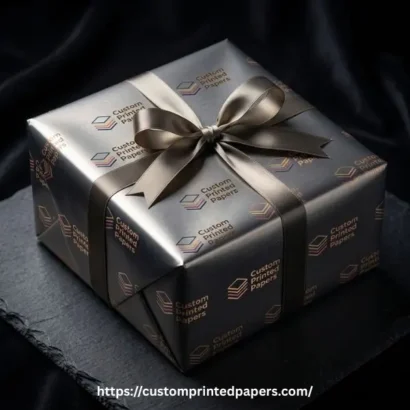 Metallic-finish wrapping paper with a printed design catching the light