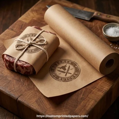Natural kraft freezer paper roll on a butcher block with an unbleached rustic finish and a twine-tied beef cut wrapped beside it