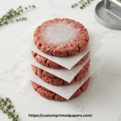 Silicone-coated oven-safe parchment patty paper printed with a logo separating raw patties