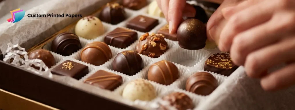 Artisan chocolates resting on a fitted glassine candy pad inside a gift box with void fill preventing cracking and shifting during shipping