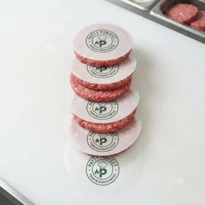 Die-cut round patty paper printed with a logo matching circular burger patties