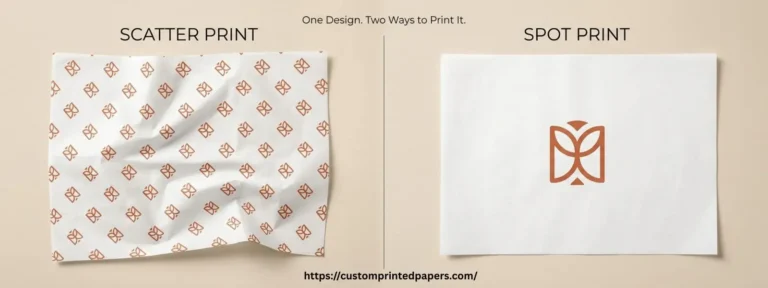 Scatter print tissue paper with repeating logo pattern beside spot print tissue paper with single centered logo