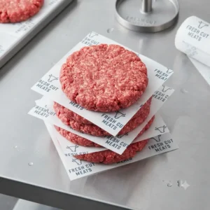 Standard square non-stick patty paper printed with a logo separating burger patties
