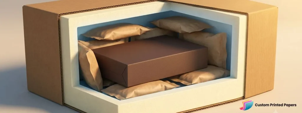 Cross-section of insulated chocolate shipping box showing foam lining, gel packs, and sealed chocolate box protecting candy from heat in transit