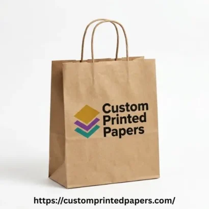 Brown twisted-handle kraft shopping bag printed with a boutique logo