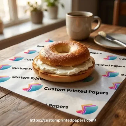 Wax-coated bagel paper printed with a logo, non-stick surface for toasted schmear bagels