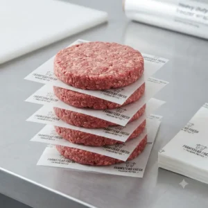 Dry-wax coated patty paper printed with a logo, non-stick on both sides for freezing